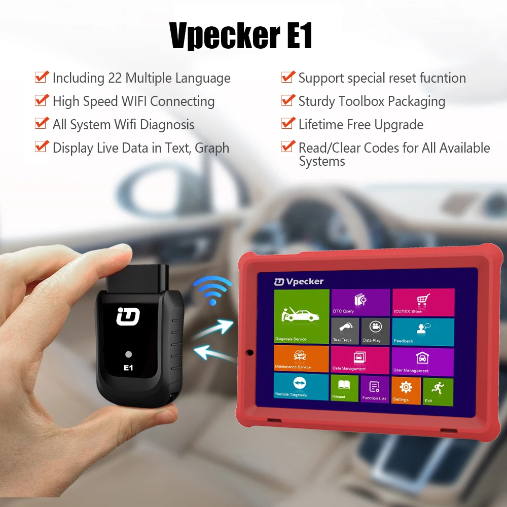 VPECKER E1 Wi-Fi Профессиональный OBD2 Автомобильный сканер АБС давления воздуха в шинах DPF SAS IMMO OBDII диагностический инструмент с 10-дюймовый планшет бесплатного обновления