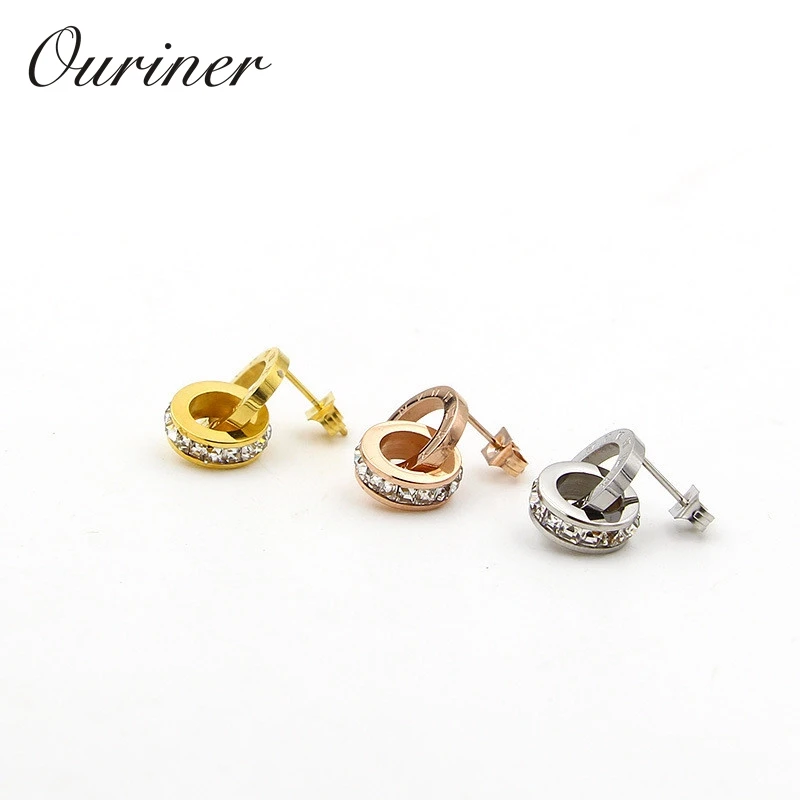 

Letter Roman Numeral Double Circle Earrings For Women Luxury Brand Love Charm Square CZ Crystals Stud Earrings Jewelry KE001