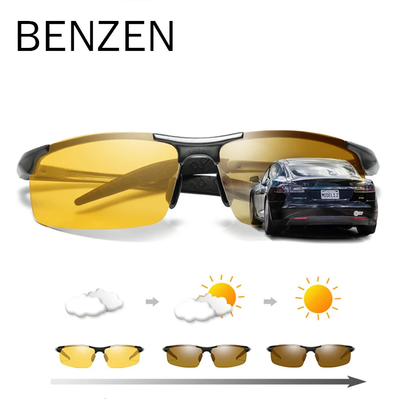 BENZEN качественные фотохромные солнцезащитные очки, поляризованные очки ночного видения, мужские очки Al-Mg, желтые очки для вождения, спортивные очки