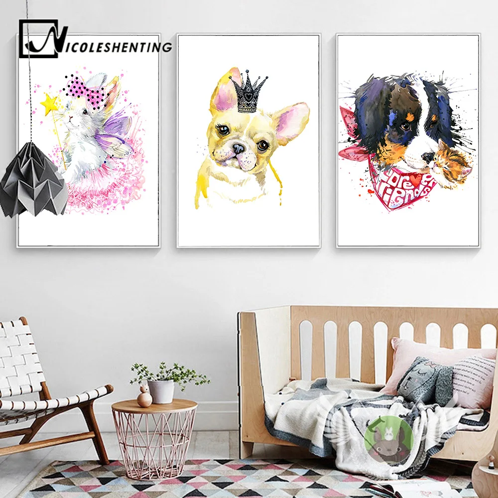

Kawaii Watercolor Animail Cat Dog Posters and Prints Wall Art Canvas Painting Wall Pictures for Children Bedroom Decoration