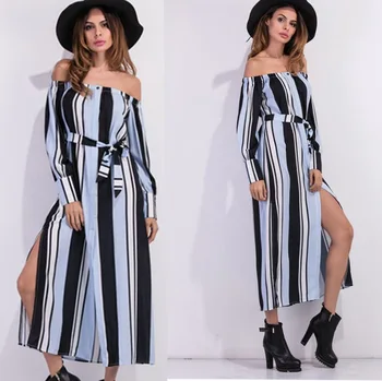 

2019 Women Fashion Striped Long Dresses Cardigan Bandage Bow Off Shoulder Sashes Cotton Dress Split Casual Ladies Vestidos Tunic
