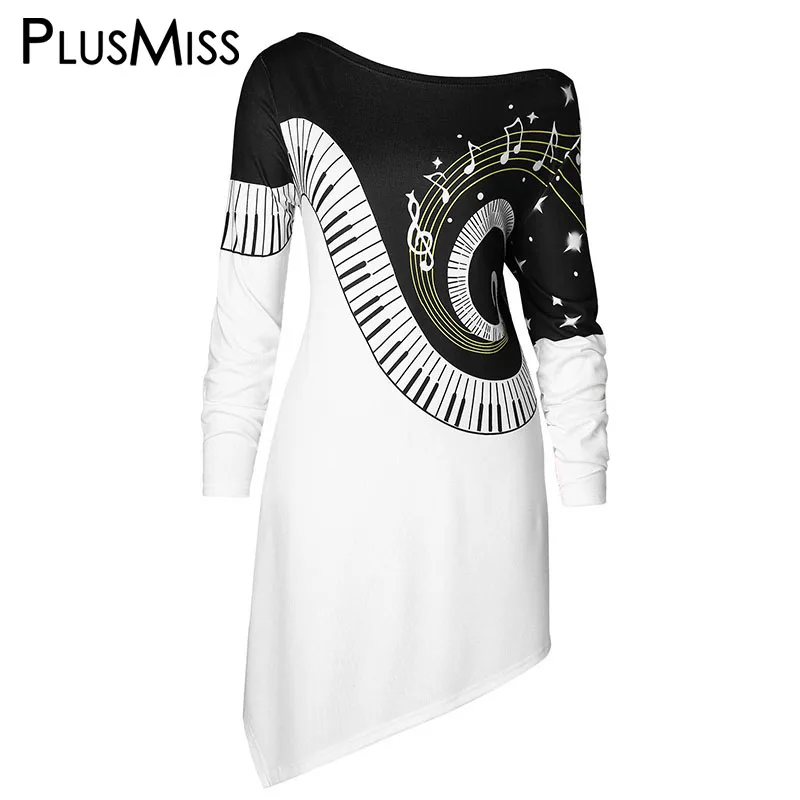 

PlusMiss Plus Size 5XL Music Notes Long Sleeve Long T Shirts Women Big Size XXXXL XXXL XXL Asymmetrical Loose Tops Tees Ladies