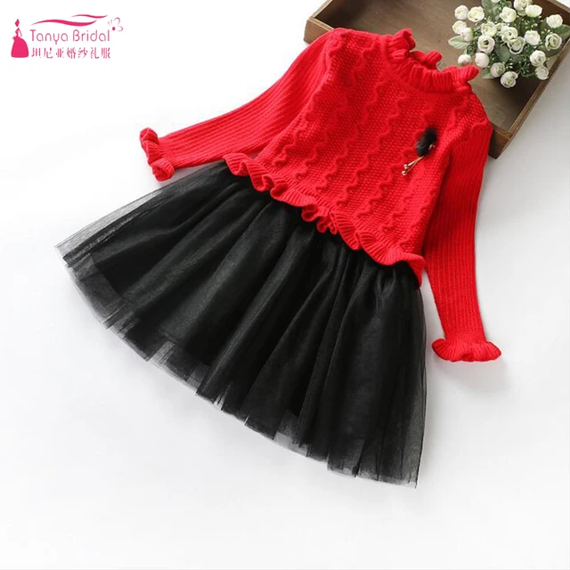Red And Black Little Girls Dresses Long Sleeve Two Tone Tulle Skirts