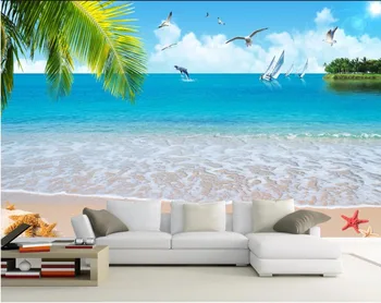 

Custom mural photo 3d room wallpaper Coconut palm beach gull sailing decoration painting 3d wall murals wallpaper for wall 3 d