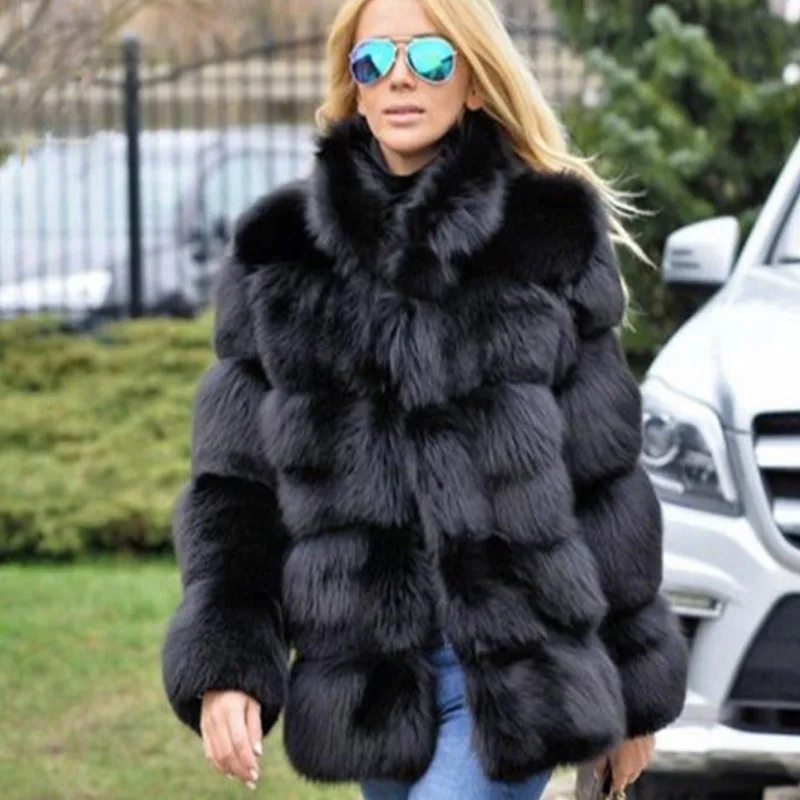 BINYUXD новое зимнее пальто для женщин шуба из искусственного лисьего меха размера плюс для женщин стоячий воротник длинный рукав искусственный мех куртка меховой жилет fourrure