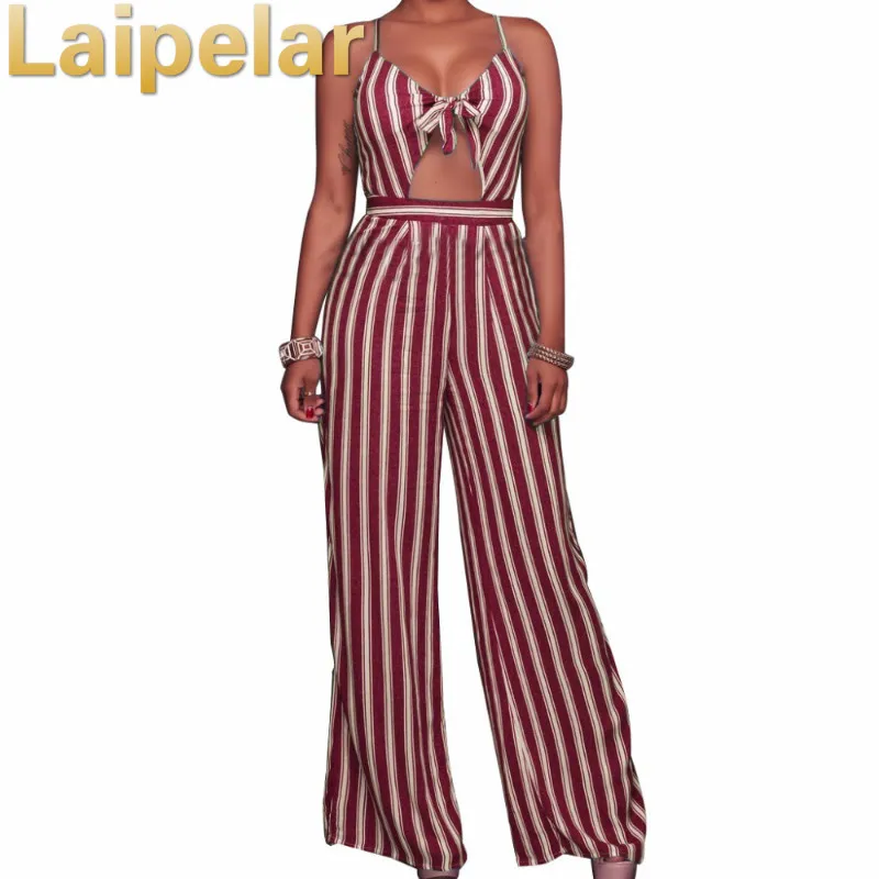 

Ladies Stripe Spaghetti Strap Rompers Womens Jumpsuit Hollow Out Summer Backless Full Bodysuit Overalls Wide legs Sexy Jumpsuits