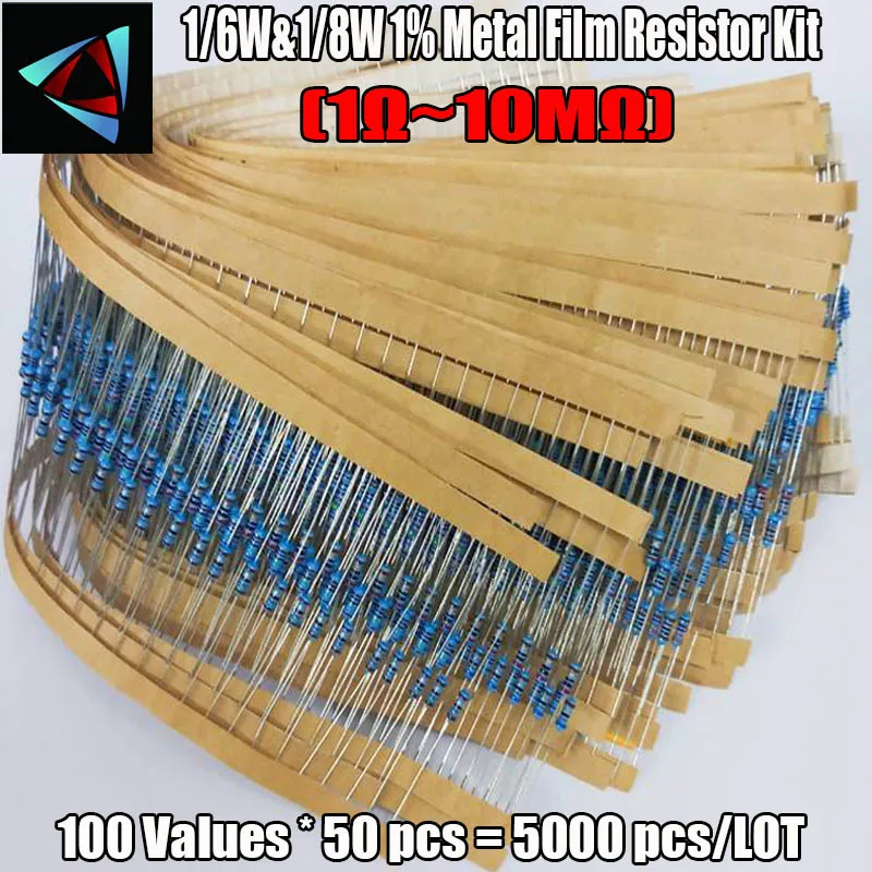 

1/6W&1/8W 0.25W 100valuesx50pcs=5000pcs 1R~10M 1% Metal Film Resistor Assorted Kit