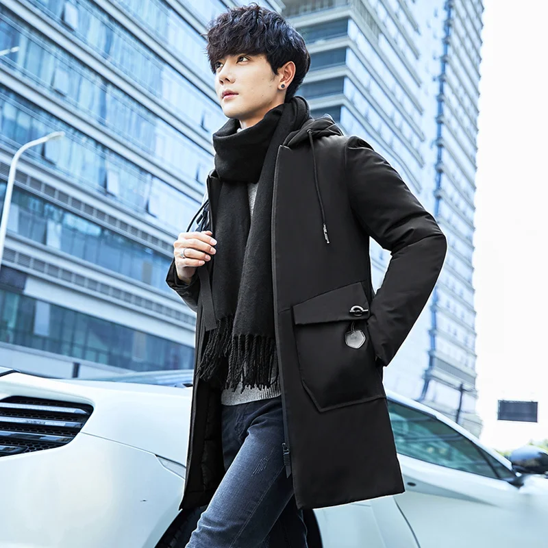 2018 Winter New Arrival Cotton-padded Clothes Fashion Solid Color Hooded Thicken Oversize Leisure Time Mid-length Men Coat | Мужская