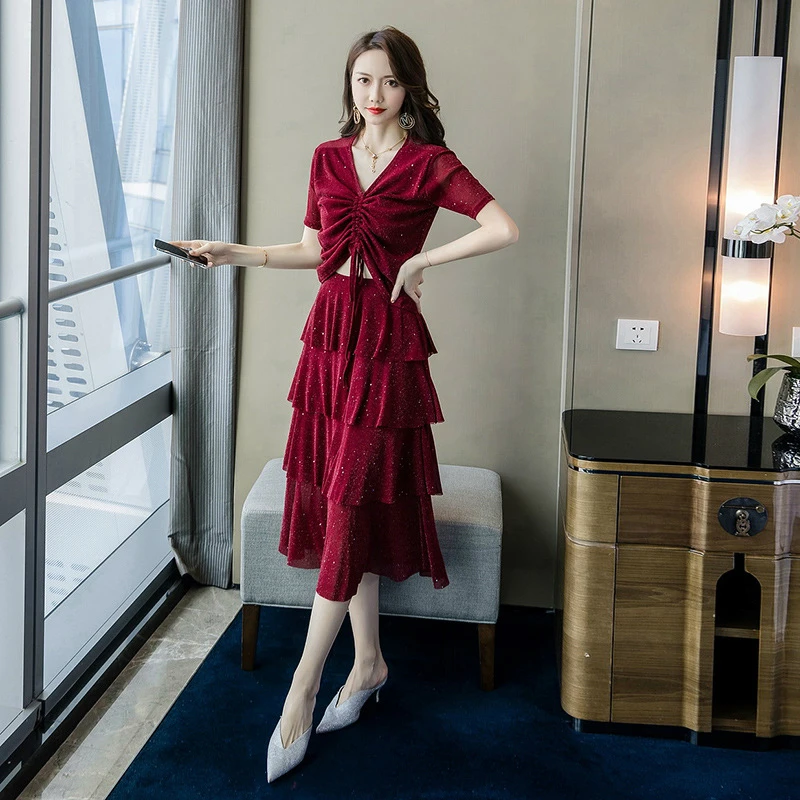 

Plus Size 2019 Summer Black Blouse and Cupcake Midi Dress Women 2 Pieces Set Elegant Suit Set Korean Style Casual Two Pieces Set