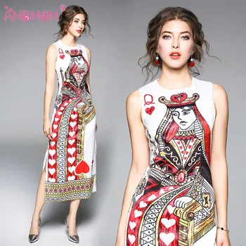 

New 2018 Print Women Dress Fashion Casual Dresses Long Poker printing high quality dress AMBMCM