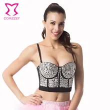 Corzzet Punk Gold Sequined Bustiers Bra Push Up Cup Top Burlesque Party Dancing Clubwear Erotic Underwear For Women Lingerie