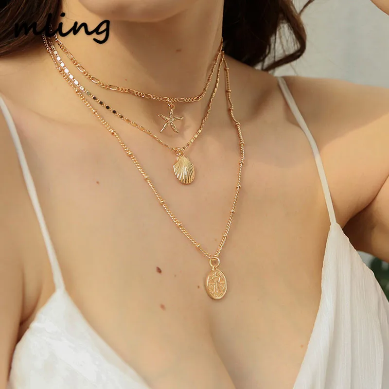 

Starfish Shell Coin Modeling Fashion Necklace Bohemia Style Multi-Layer Necklace Women Original Simple Alloy Long Necklace #