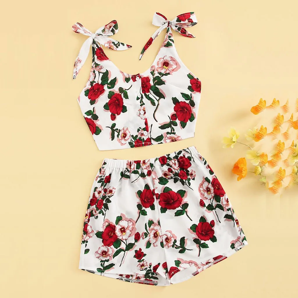 

Floral Chiffon Print Women's Set Beachwear 2pcs Short Sleeve Bow Knot Tied Cropped Top+High Waist Elastic Mini Shorts Suits 2019