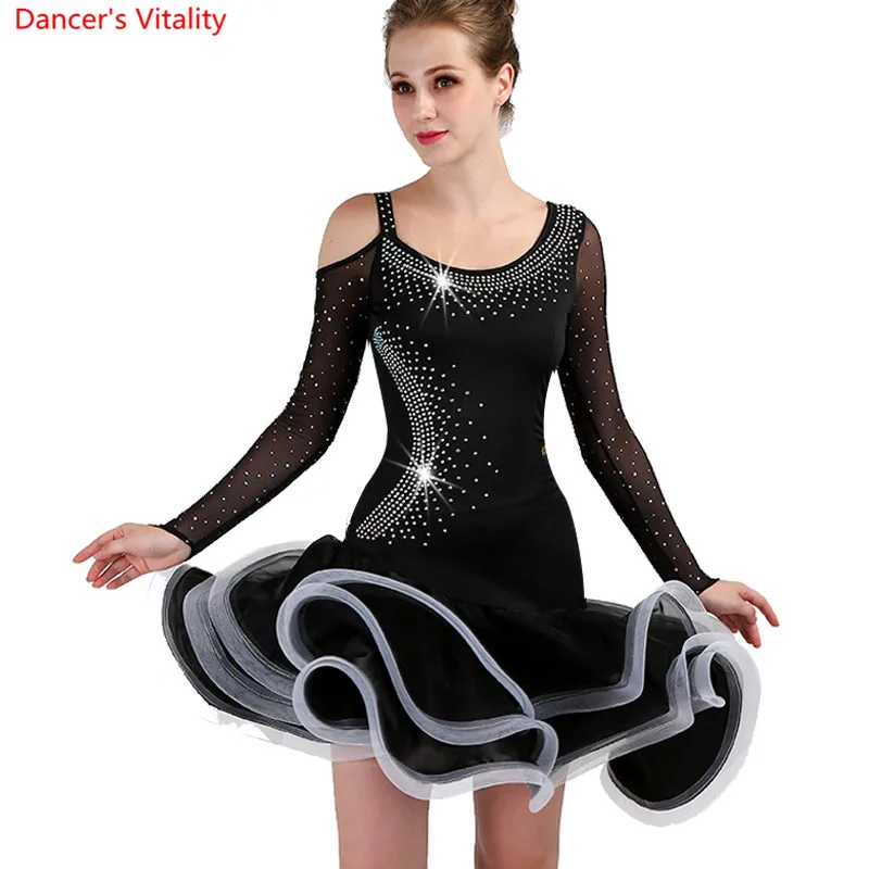 

2018 New Latin Dance Dress Luxury Diamond Long Sleeves Fishbone Dresses Women Girls Latin Ballroom Dance Stage Performance Dress