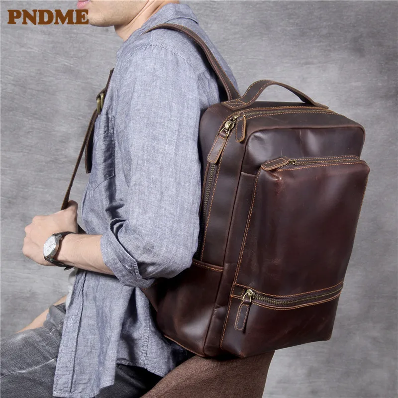 

PNDME fashion retro simple high quality crazy horse cowhide genuine leather men backpack outdoor travel laptop bookpack bagpacks