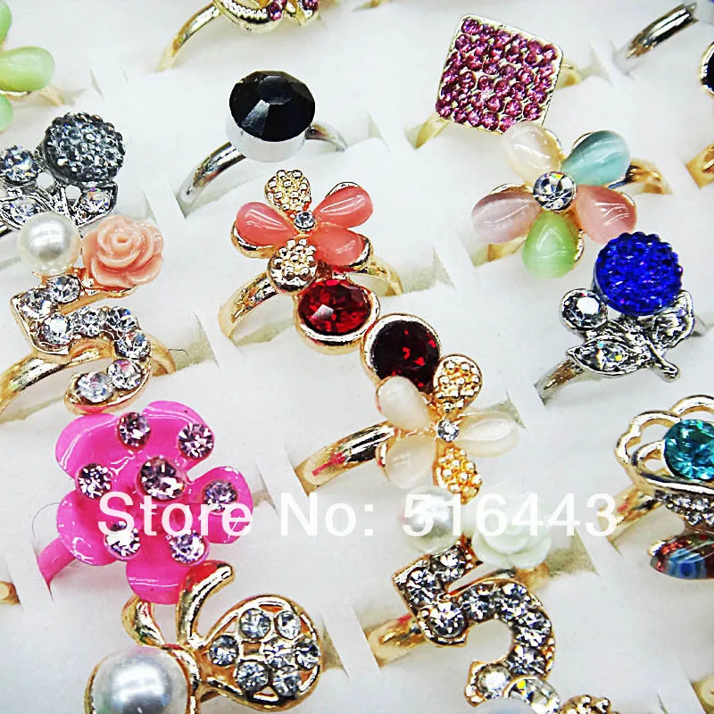 

30pcs Charms Crystal Czech Rhinestones Pearl Stones Fashion Women Gold P Rings Adjustable Wholesale Jewelry Lots A-470