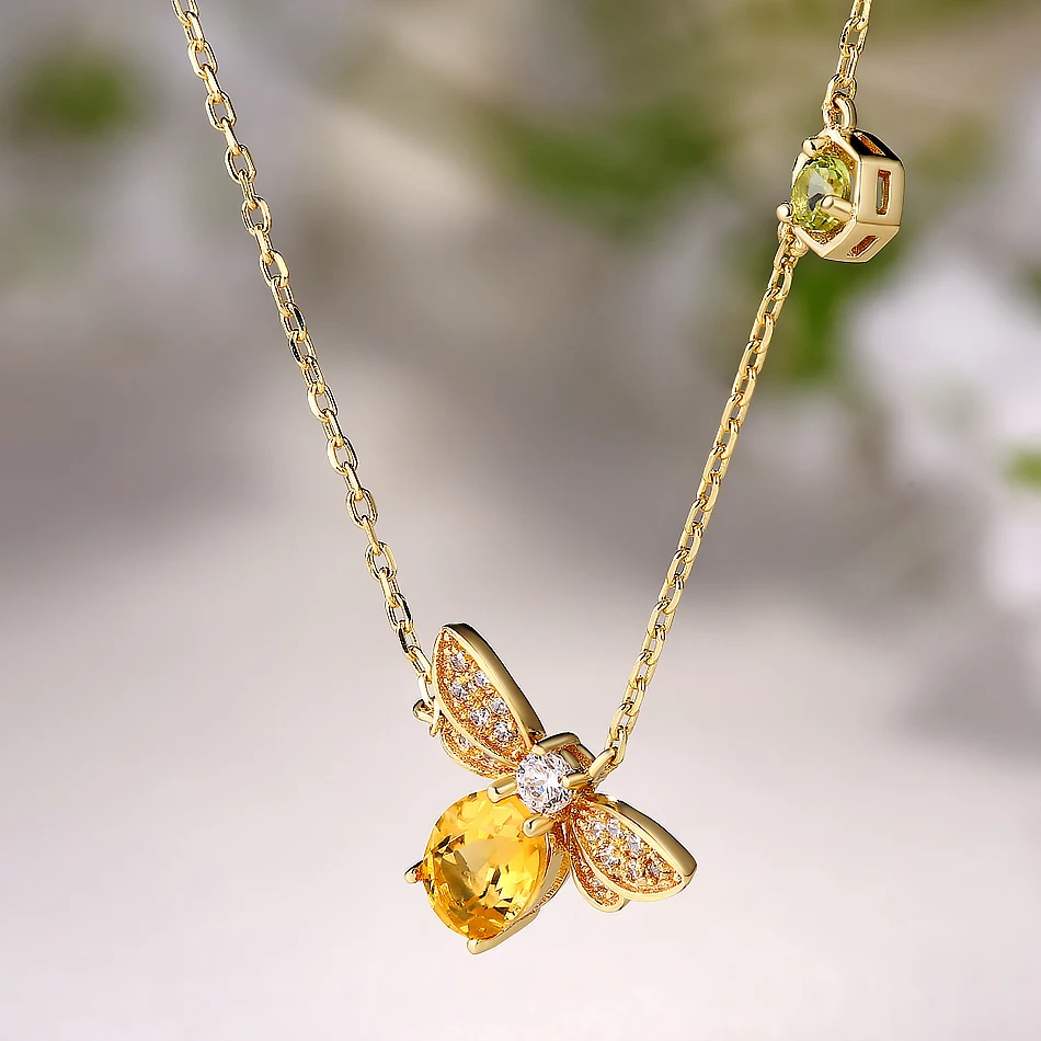 ALLNOEL Bee 5x7mm 1ct Natural Citrine 925 Sterling Silver Jewelry 14K Yellow Gold Plated Chain Pendant Necklace S925 Gift