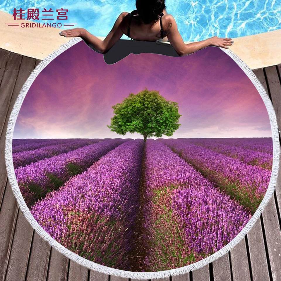 

GRIDILANGO Lavender Purple Romantic Microfiber Round Beach Towels With Tassel Bath Towel for Adults Travel Picnic Yoga Mat 150cm