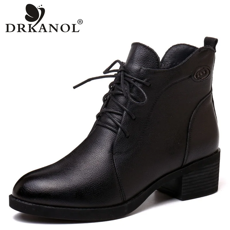 

DRKANOL New Winter Warm Boots Women Thick Heel Shoes Genuine Leather Martin Boots Female Lace Up Zipper Women Ankle Boots