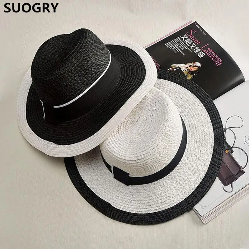 

2018 Wide Brim Sun Hat for Women Men Autumn Jazz Cap Panama floppy hat chapeu summer straw hat Brief black white beach hat