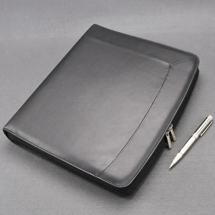 executive genuine leather a4 folder zipper padfolio business organizer