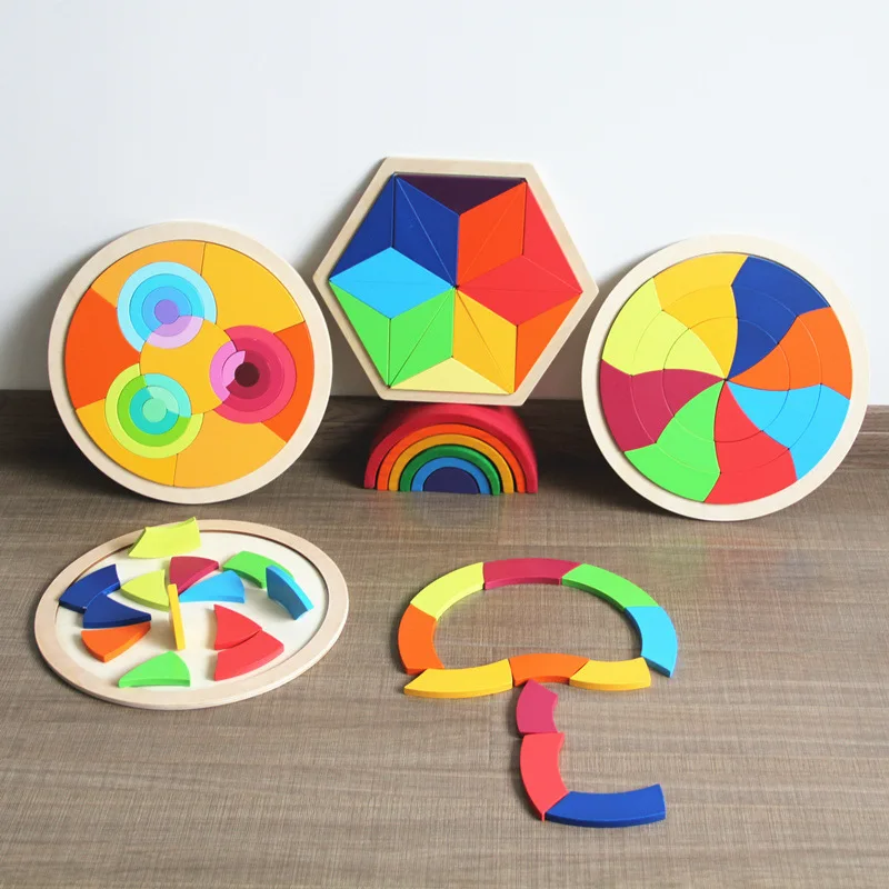 

Baby Toy Wooden Puzzle Rainbow Jigsaw 3D PUZZLE 7pcs Circle hexagon Set Educational Monterssori toy for children