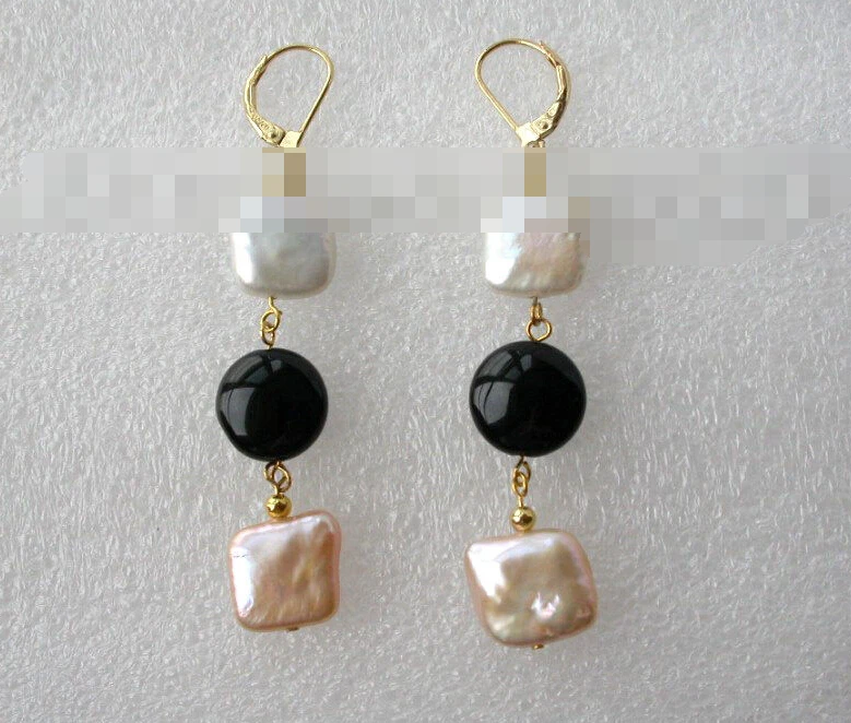 

1246 baroque white pink freshwater pearl black agate dangle earrings