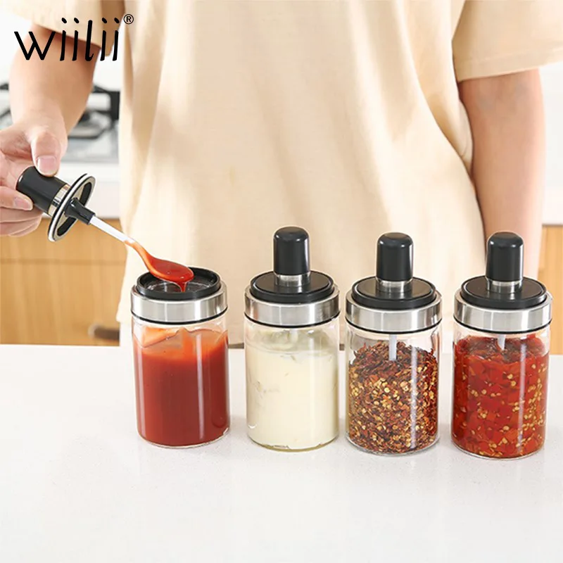 

Kitchen Gadget Glass Seasoning Jar For Ketchup Seasoning Bottle Spice Pepper Container with Spoon Sealing Tank Cooking Tool