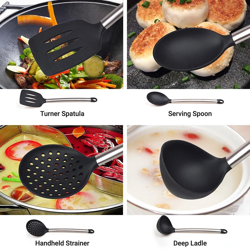6 & 8 Pieces Super Sturdy Cooking Utensils Set & Non Stick Silicone Tips For Pots and Pans, Kitchen Utensils by Leeseph