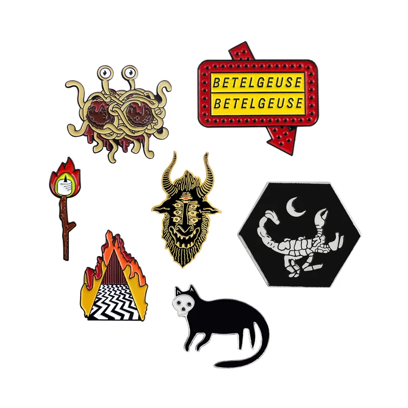 

Pasta Geek Double Peak Punk Brooch Scorpion BETEL GEUSE Insect Match Cat Skeleton Enamel Pin Leather Badge Gothic Jewelry