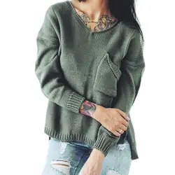 2018 новый европейский и американский Стиль свитер Для женщин V шеи Карманный пуловер вязать пирсинг куртка