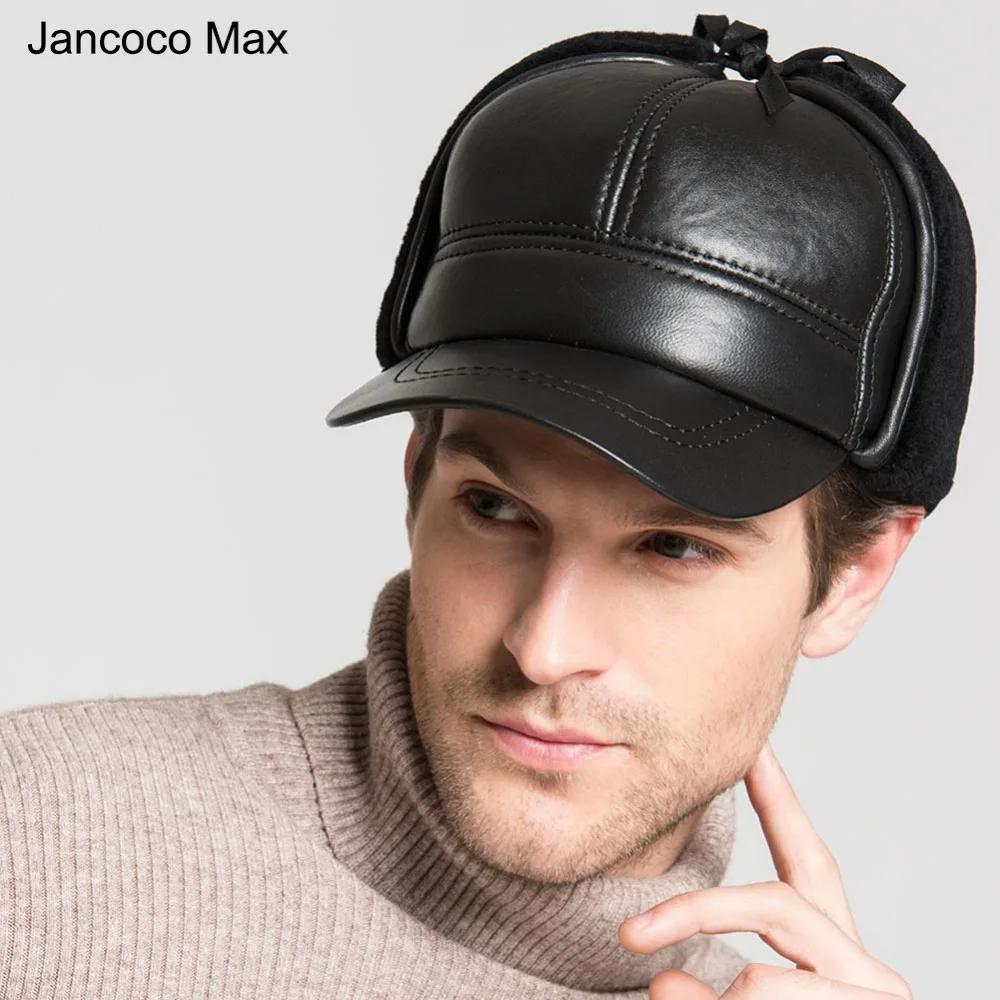 Jancoco Max + Genuine Sheepskin Leather Bomber Hats Winter Warm Earflap
