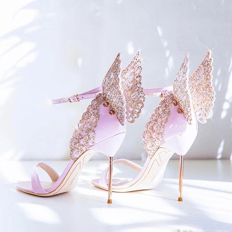 Crystal embellished butterfly wing decor glitter sandals