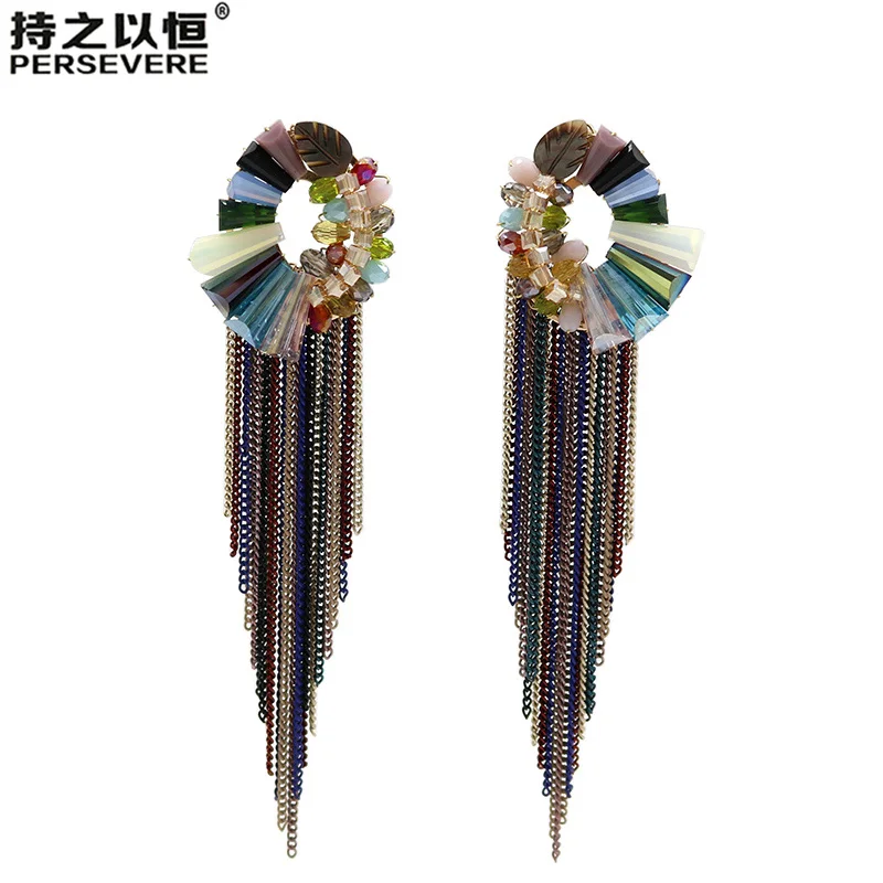 

Trendy Colorful Crystal Beaded Statement Earrings 2020 Handmade Metal Chain Long Tassel Earrings Women Jewelry Gift