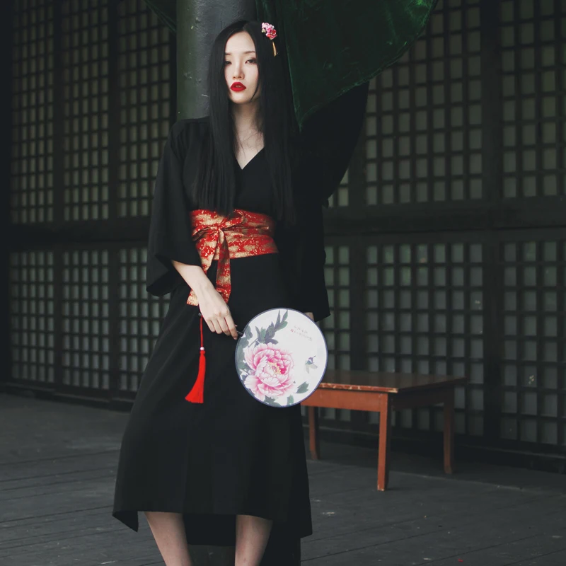 

Japanese kimono traditional japanese kimono black yukata new feeling clothes obi Japanese geisha costume haori FF2033
