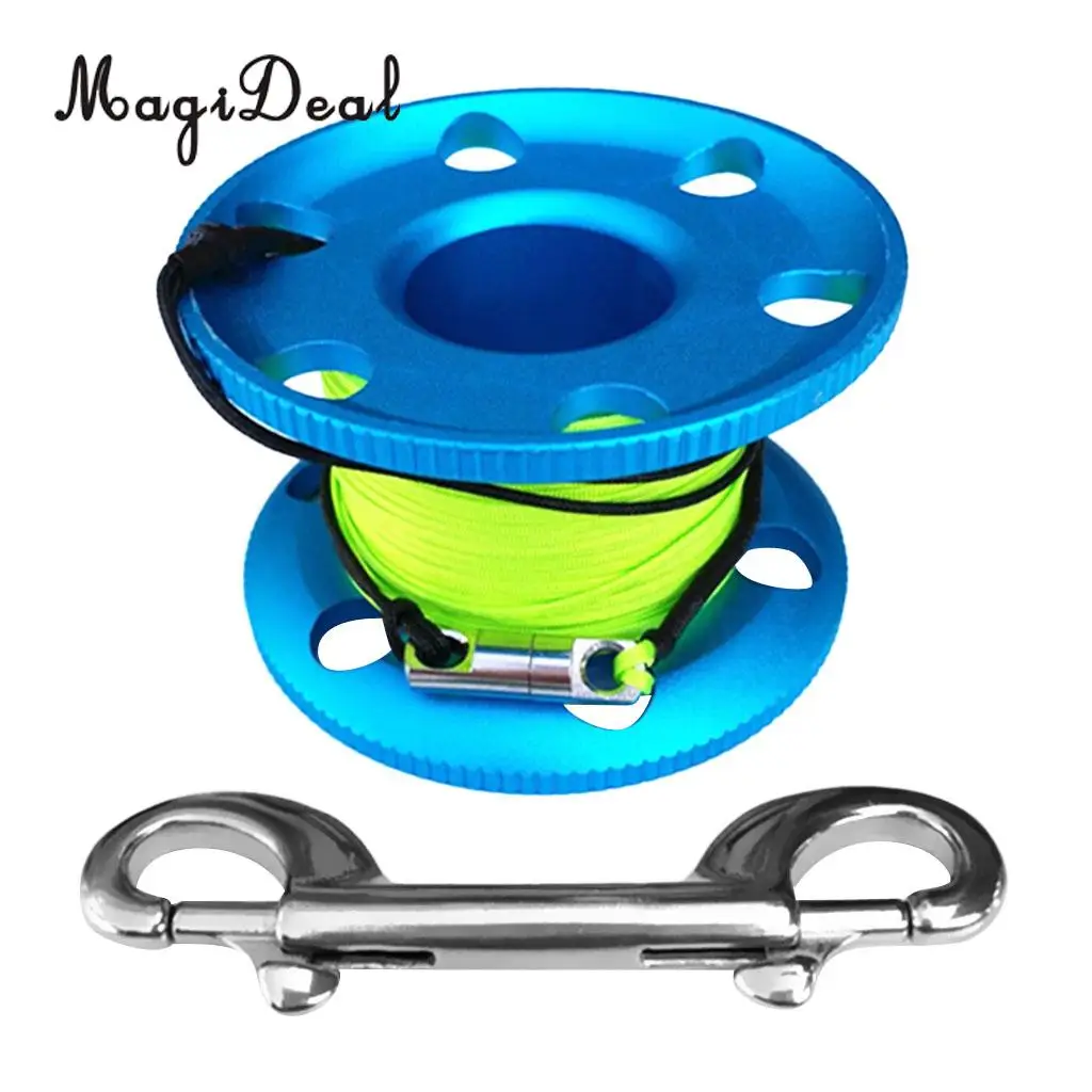 MagiDeal Blue Aluminum Alloy Compact Finger Reel Tech Spool & 20m Line Bolt Snap for Scuba Diving Snorkeling Applications