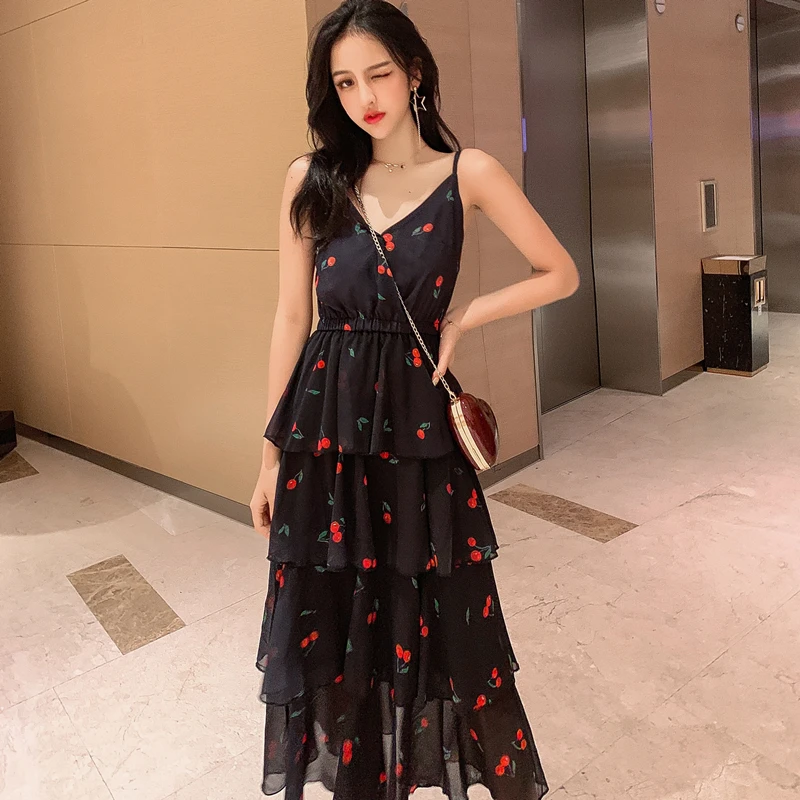 

Cherry Floral print Cake Dress Summer Style Women Spaghetti Strap Long Chiffon Dresses Korean Fashion Sweet Vestidos Black