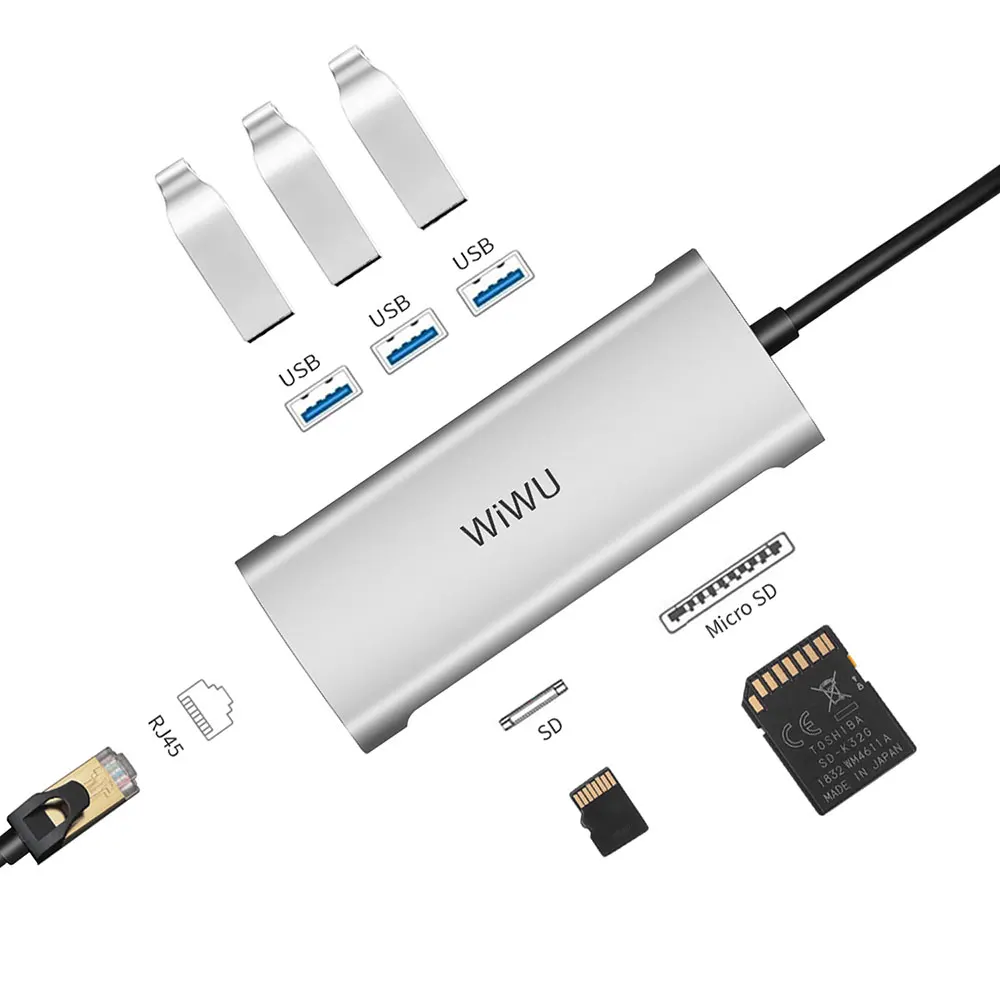 WiWU usb-хаб type C концентратор для MacBook Pro с несколькими портами USB 3,0 концентратор RJ45 адаптер для samsung huawei P20/30 USB разветвитель USB 3,0 концентратор