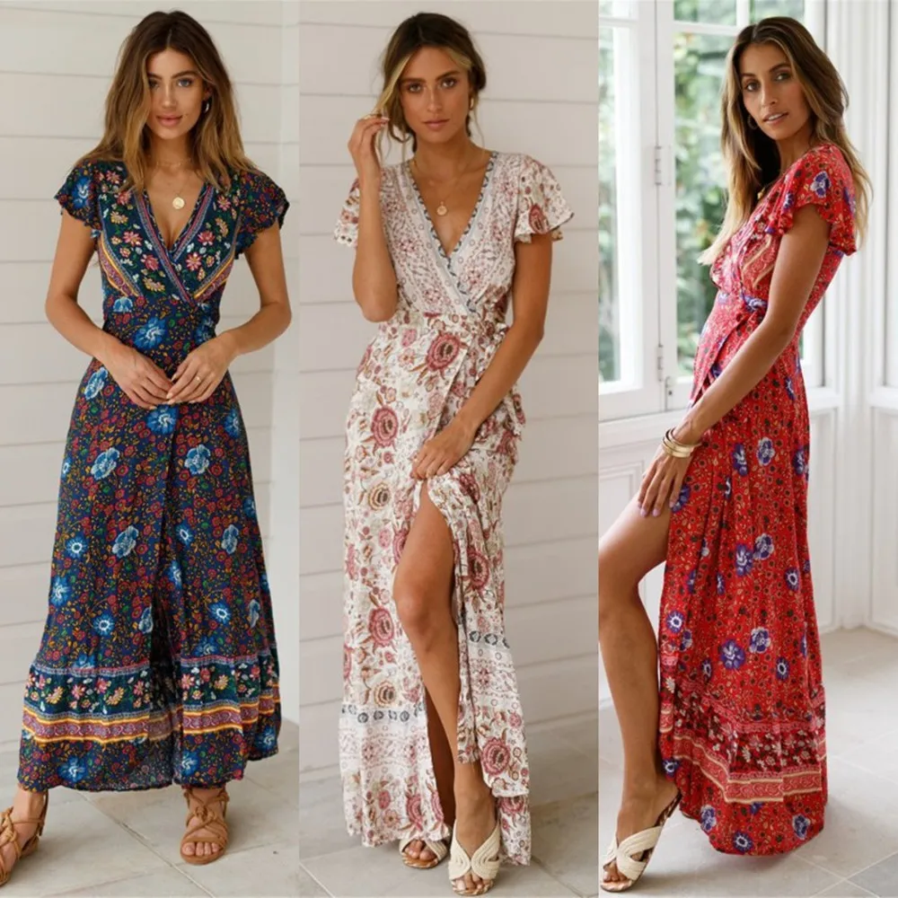 

MisShow Summer Bohemian Maxi Dress Women Loose Floral Printed Ruffles Beach Long Dress Short Sleeve Sundress Boho Women Dresses