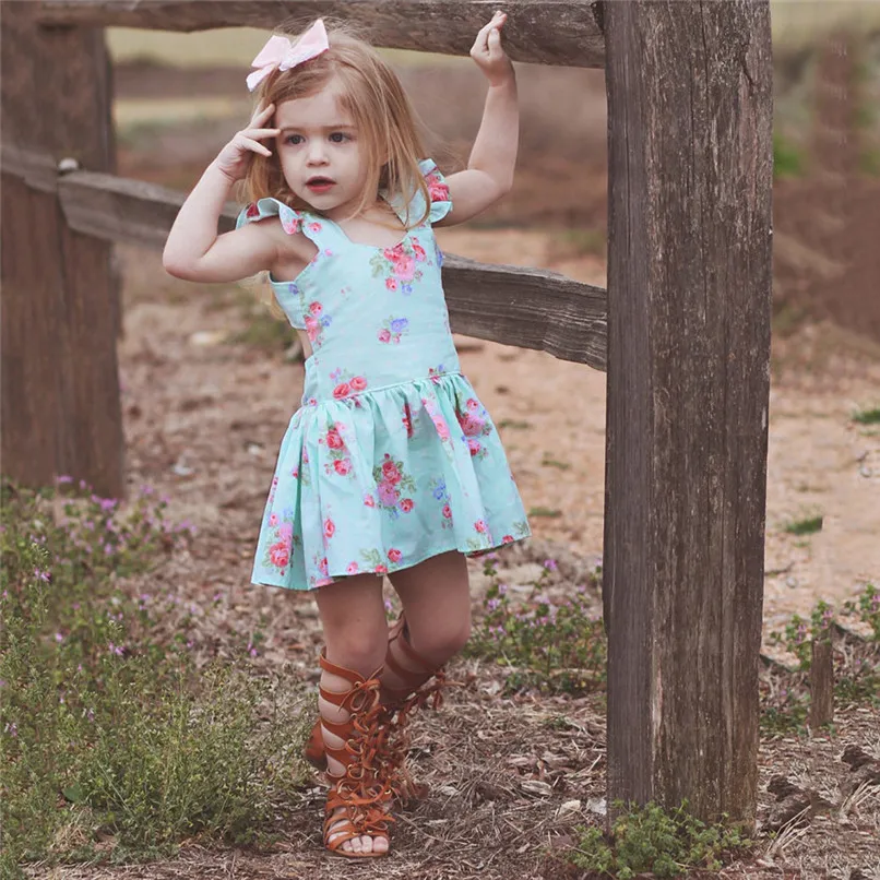 Летнее платье для маленьких девочек ясельного возраста Одежда для детей; малышей; девочек без рукавов с цветочным рисунком платье с бантом