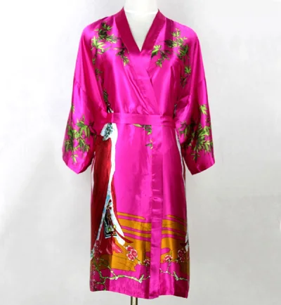 Сексуальный черный китайский женский Шелковый короткий халат, национальная ночная рубашка, ночное белье, кимоно, банное платье, пижамы размера плюс XXXL NR046 - Цвет: Hot Pink