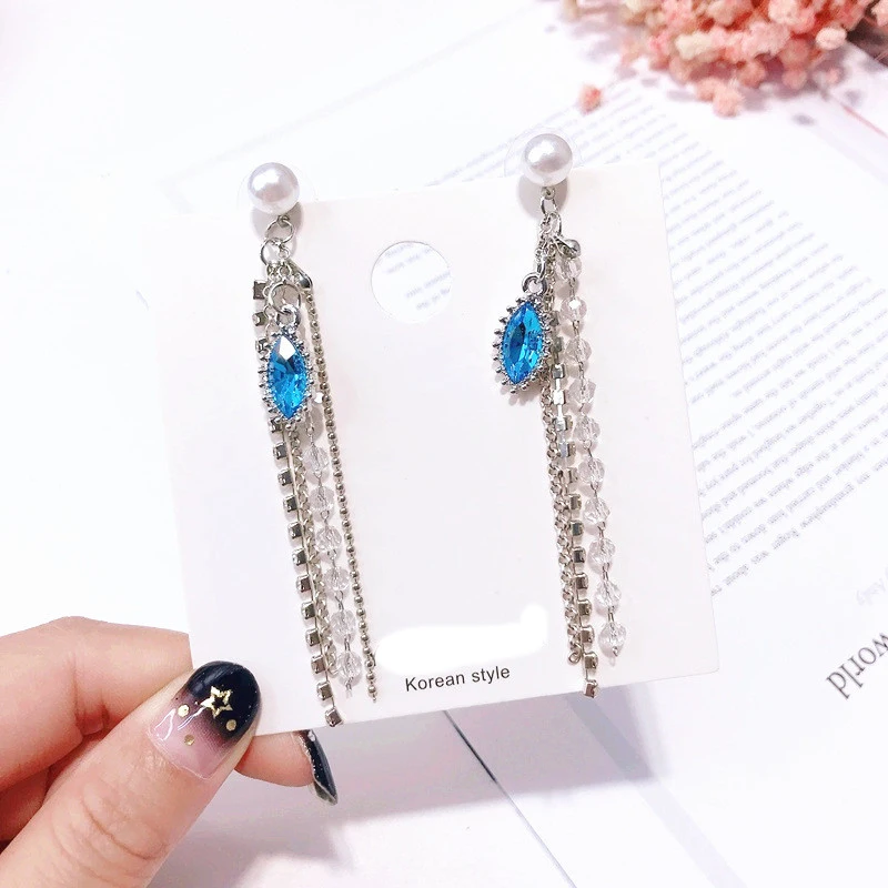 

Korean Trendy Multicolor Green Rhinestone Temperament Long Drop Earrings for Women New Party Oorbellen Gift EC1788