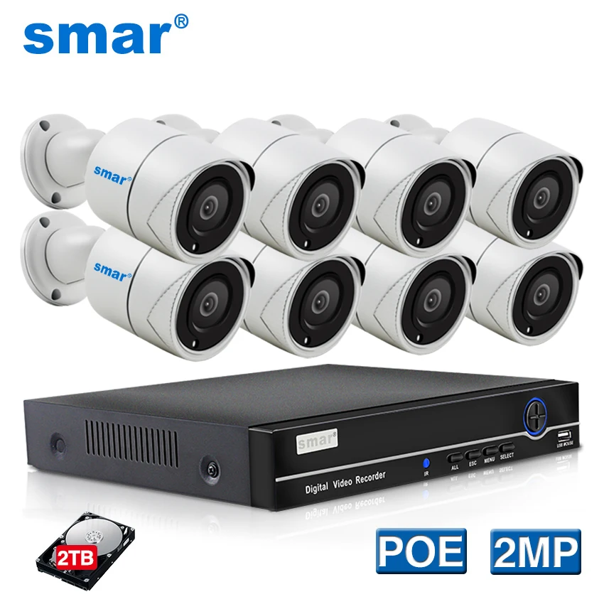 Smar H.265 8CH 1080 P POE NVR комплект из металла 2.0MP инфракрасный наружный водонепроницаемый IP66 POE IP Камера видеонаблюдения Камера Системы 2 ТБ HDD XMEYE