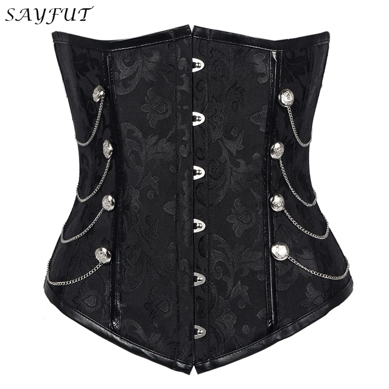 SAYFUT Underbust Steampunk Corset Waist Control Gothic Corsets Cincher Bustiers with Chains Embroidery Short Waist Trainer