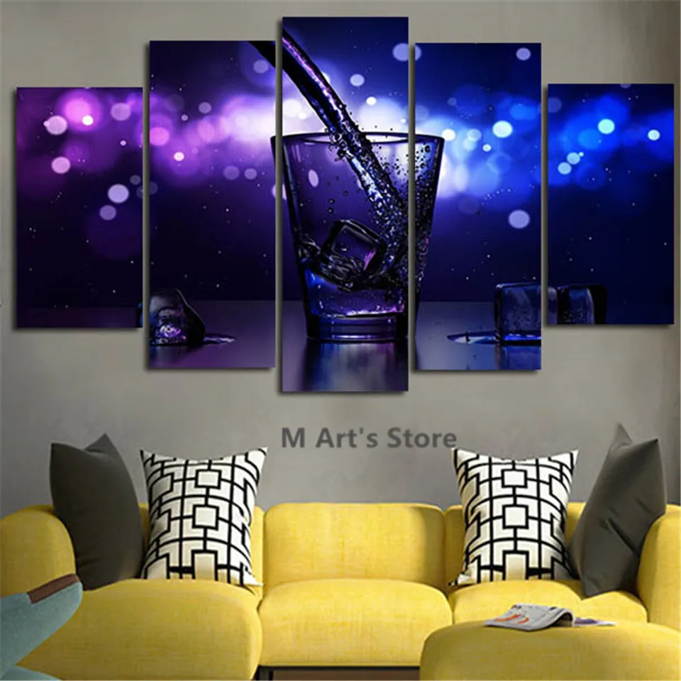 5iece Wall Art Decor Glass Painting Blue Water Canvas Art Picture Posters Prints Canvas Frame