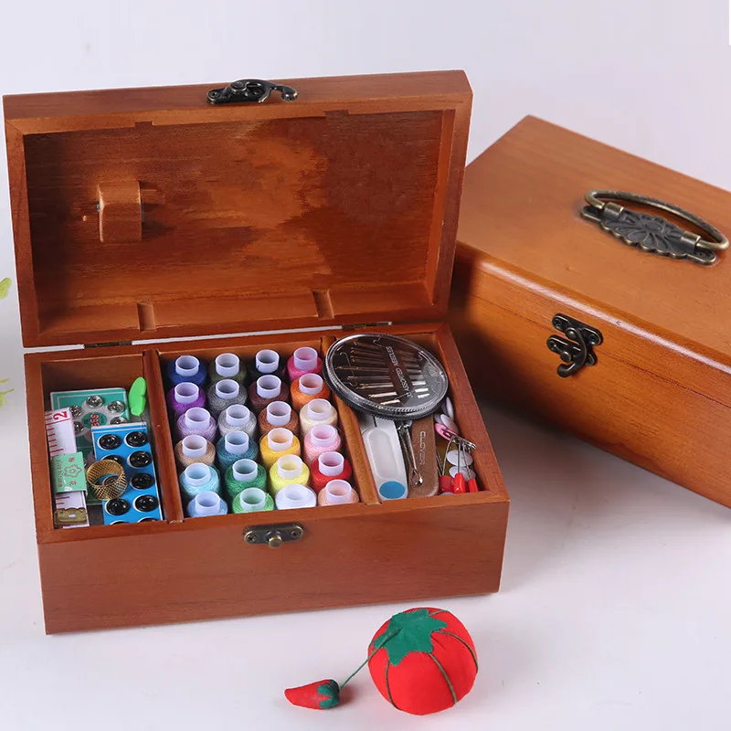 

DIY Wood Box Sewing Kit Needle Tape Scissor Multifunction Threads Sewing Tools Accessory Sewing Kits For Home & Travelling With