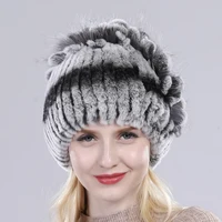 Female Real Genuine Rex Rabbit Fur Cap Russian Winter Knitted Real Rex Rabbit Fur Hat Women Real Rabbit Fox Fur Skullies Beanies 2