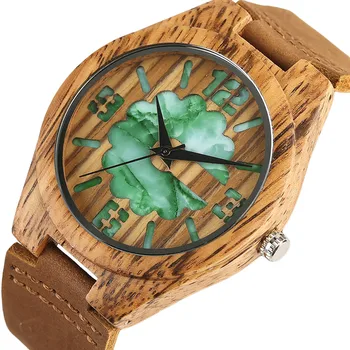 

Creative Hollow Double Layer Quartz Wooden Watches Jade Green/White Retro Fashion Men Women Genuine Leather Wristwatch Clock