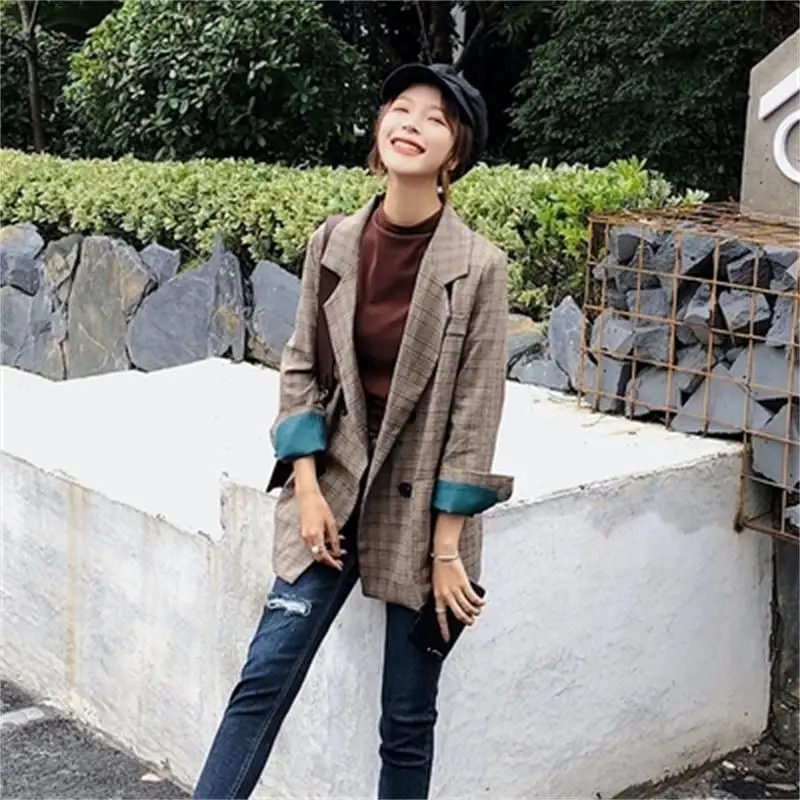 Plaid Blazers female jacket Autumn New double-breasted plaid suit loose retro plaid suit jacket female Blazers