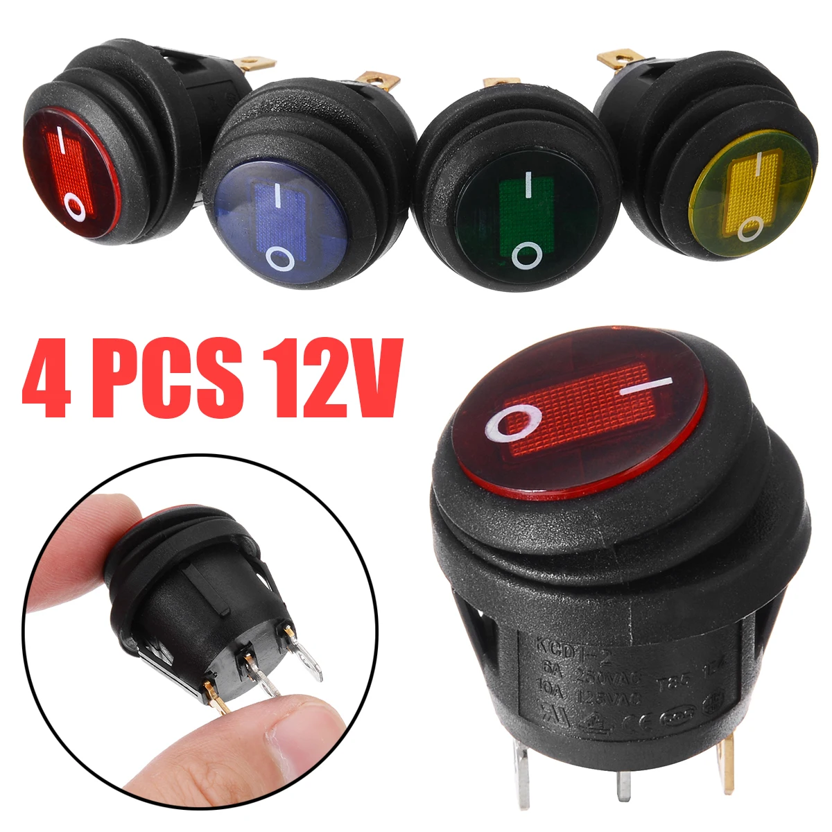 4Pcs Small Round Boat Rocker Switches Round Green Orange Blue Red 3 Pin ON-OFF Rocker Switch